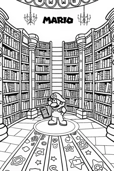 A coloring page of Mario in the Mushroom Kingdom Library Coloring Page