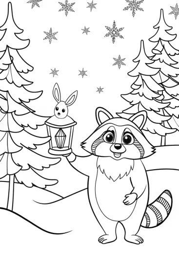 A coloring page of Raccoon and Bunny Christmas Coloring Page