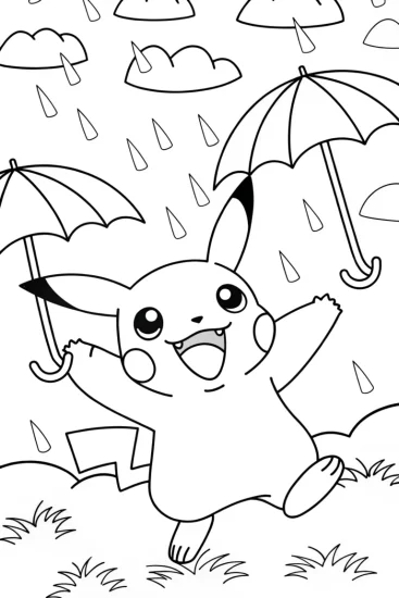 A coloring page of Pikachu’s Rainy Day Adventure Coloring Page