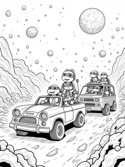 A coloring page of Turtles road trip in space