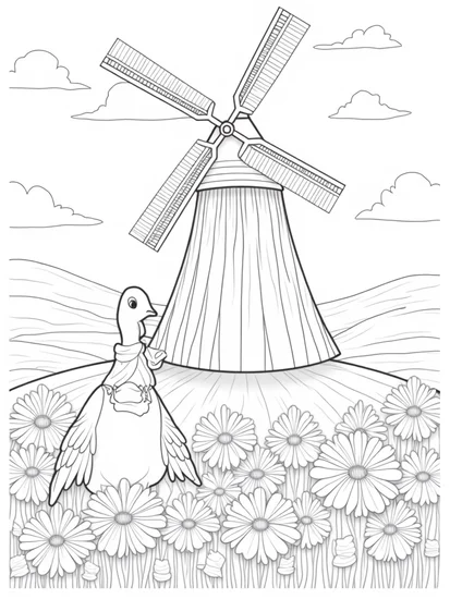 A coloring page of Turkey at the magical windmill
