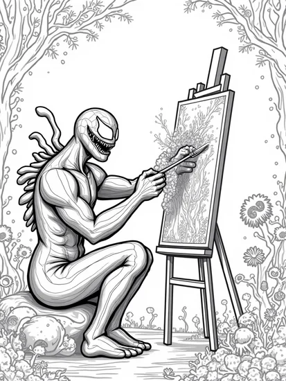 A coloring page of Venom painting in a cosmic forest