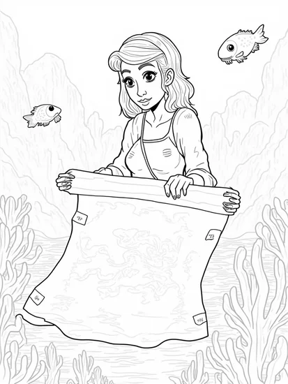 A coloring page of Mermaid cartographer exploring depths