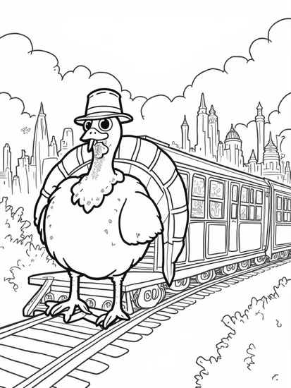 A coloring page of Turkey on a time-traveling train