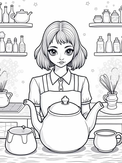 A coloring page of Wednesday Addams in a mystical kitchen