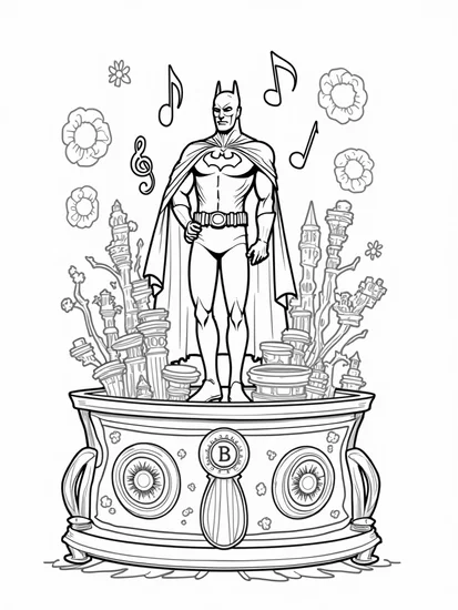 A coloring page of Batman in a magical music box