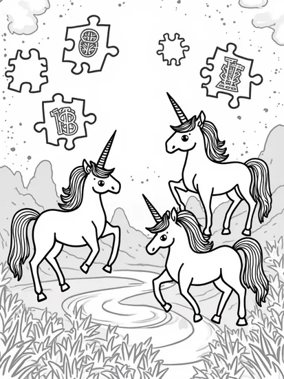 A coloring page of Unicorns in a puzzle garden