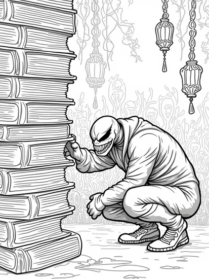 A coloring page of Venom sneaking in a library