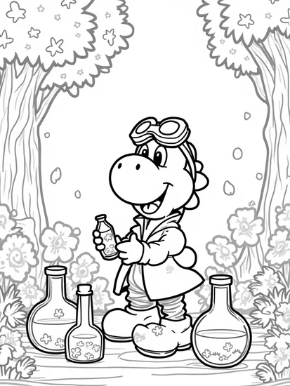 A coloring page of Yoshi making potions in the forest
