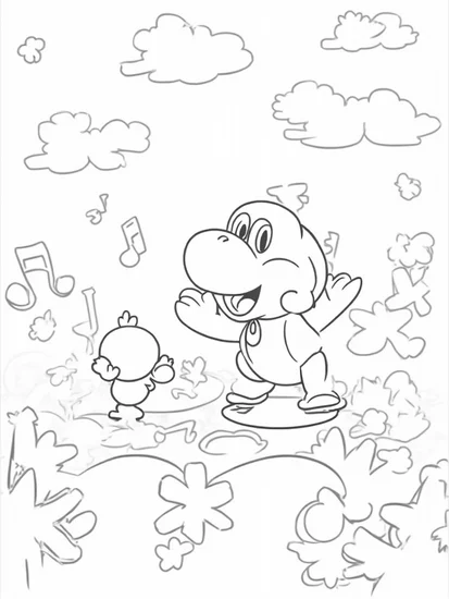 A coloring page of Yoshi’s musical adventure