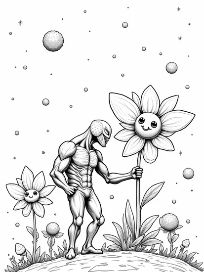 A coloring page of Venom gardening on an asteroid