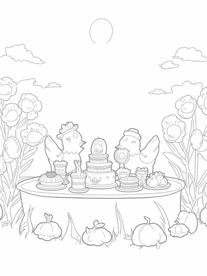 A coloring page of Birds celebrating Thanksgiving
