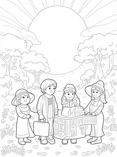 A coloring page of Kids discovering a time capsule