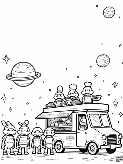 A coloring page of Teenage Mutant Ninja Turtles food truck