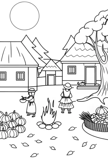 A coloring page of Harvest celebration in the village