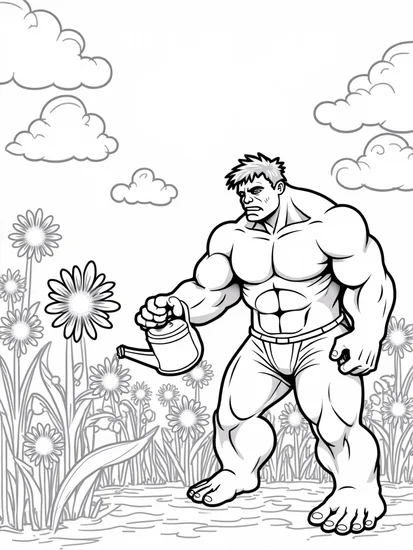 A coloring page of Hulk watering a giant flower