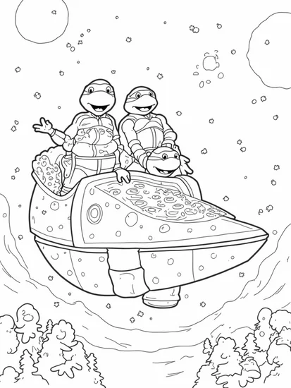 A coloring page of Teenage Mutant Ninja Turtles in space