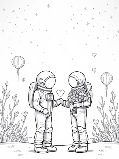 A coloring page of Astronauts celebrating love