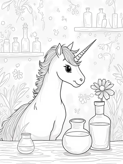 A coloring page of Unicorn exploring a magical lab