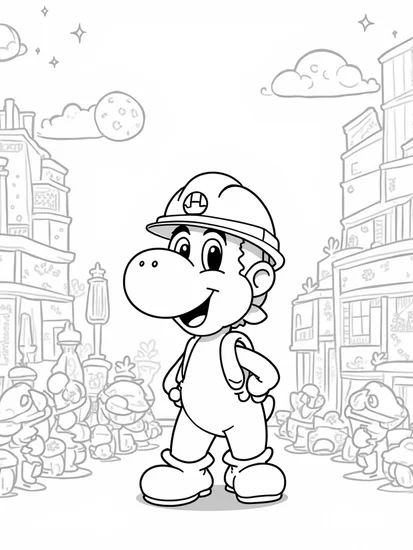 A coloring page of Yoshi building on an alien planet