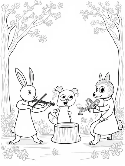 A coloring page of Rabbit and fox orchestra