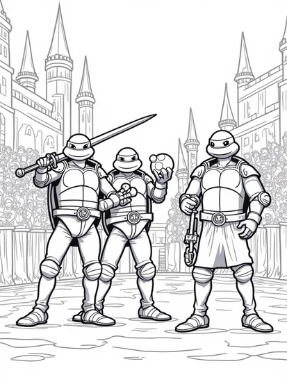 A coloring page of TMNT in a medieval tournament