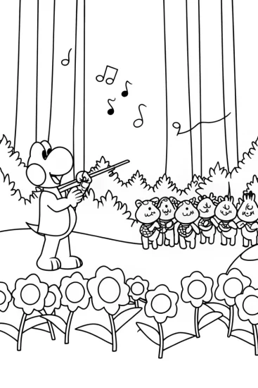 A coloring page of Yoshi conducting a forest orchestra