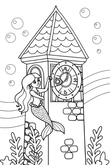 A coloring page of Mermaid adjusting the coral clock