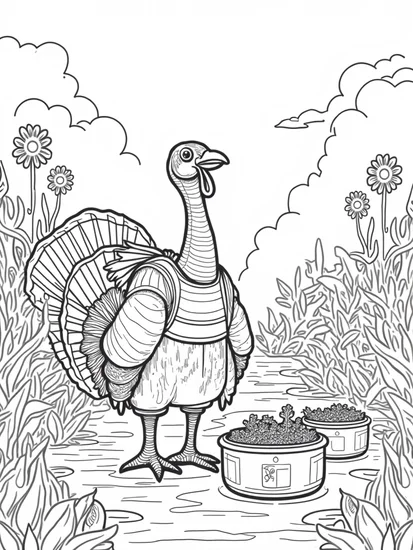 A coloring page of Turkey in a futuristic garden