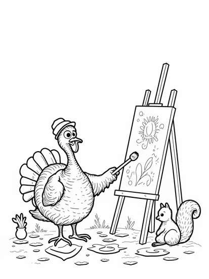 A coloring page of Turkey painting in a studio