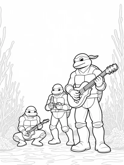 A coloring page of Teenage Mutant Ninja Turtles concert