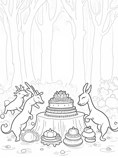 A coloring page of Deer sharing food in the woods