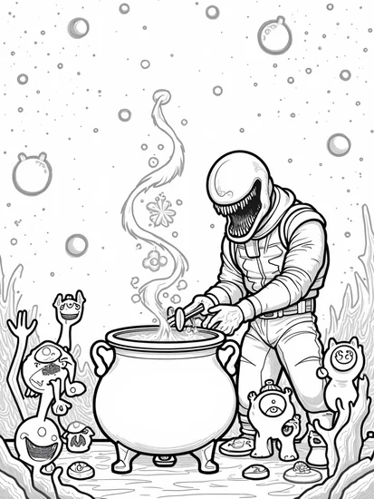 A coloring page of Venom’s galactic potion party