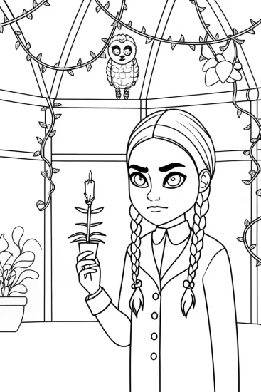 A coloring page of Wednesday Addams in a greenhouse