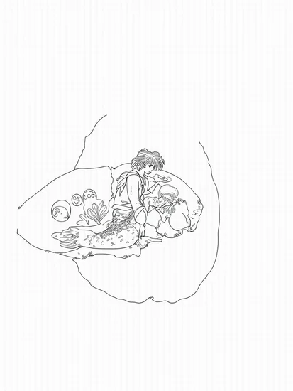 A coloring page of Mermaid time traveler in a clam