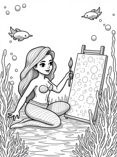 A coloring page of Little mermaid painting underwater