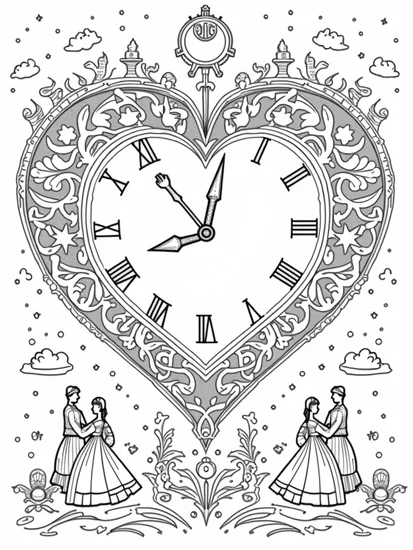 A coloring page of Heart-shaped clock with couples