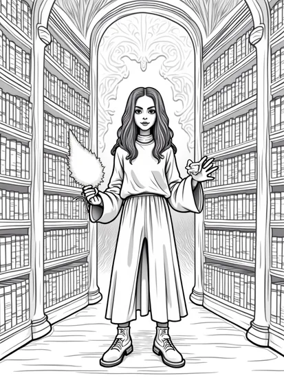 A coloring page of Wednesday Addams in a library