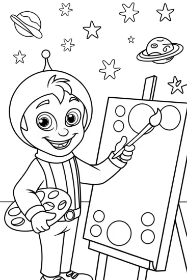 A coloring page of Super Sonic painting in space