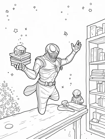 A coloring page of Venom as a galactic librarian