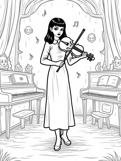 A coloring page of Wednesday Addams in the haunted music room