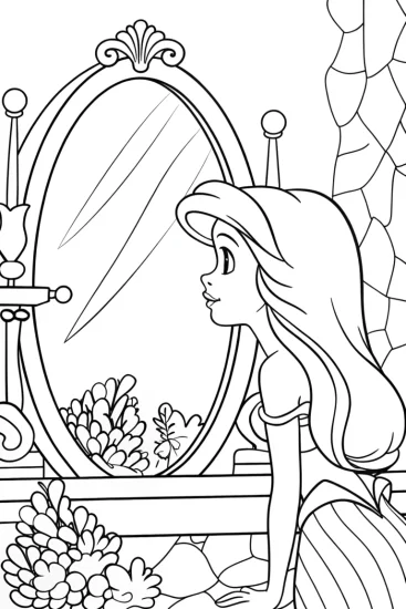 A coloring page of Mermaid looking into a mirror