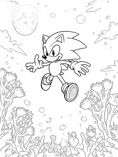 A coloring page of Super Sonic in the dream garden