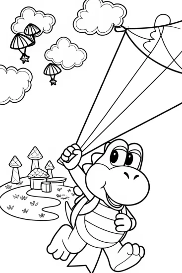 A coloring page of Yoshi flying a dinosaur kite