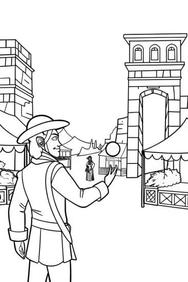 A coloring page of Venom exploring an ancient marketplace