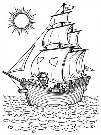 A coloring page of Pirate ship sailing with hearts