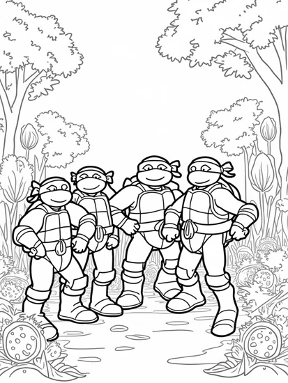 A coloring page of Teenage Mutant Ninja Turtles in a forest