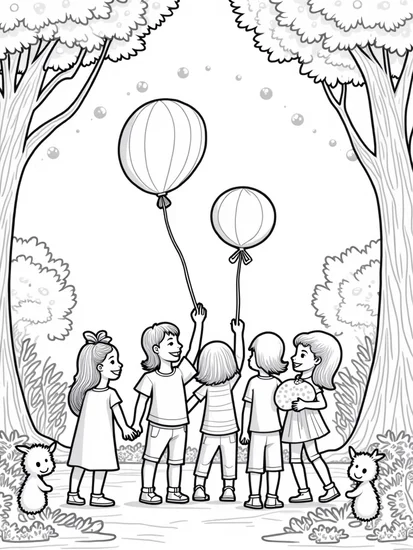 A coloring page of Children at a balloon festival