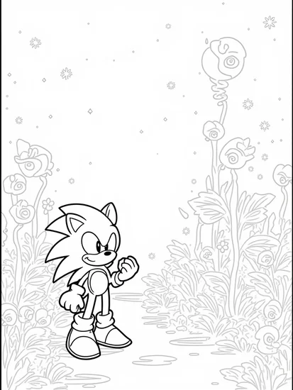 A coloring page of Super Sonic in a musical garden