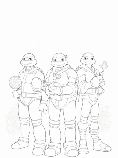 A coloring page of Teenage Mutant Ninja Turtles candy fun